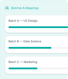 Batches and mappings dashboard showing UX Design, Data Science, and 
Marketing batches.